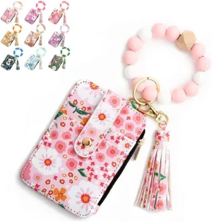 Women's Boho Style Beaded & Tassel Decorated Keychain with Flower Pattern Wallet, Small Credit Card Holder for Women