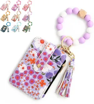 Women's Boho Style Beaded & Tassel Decorated Keychain with Flower Pattern Wallet, Small Credit Card Holder for Women