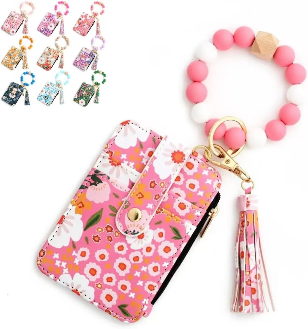Women's Boho Style Beaded & Tassel Decorated Keychain with Flower Pattern Wallet, Small Credit Card Holder for Women