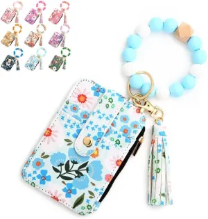 Women's Boho Style Beaded & Tassel Decorated Keychain with Flower Pattern Wallet, Small Credit Card Holder for Women
