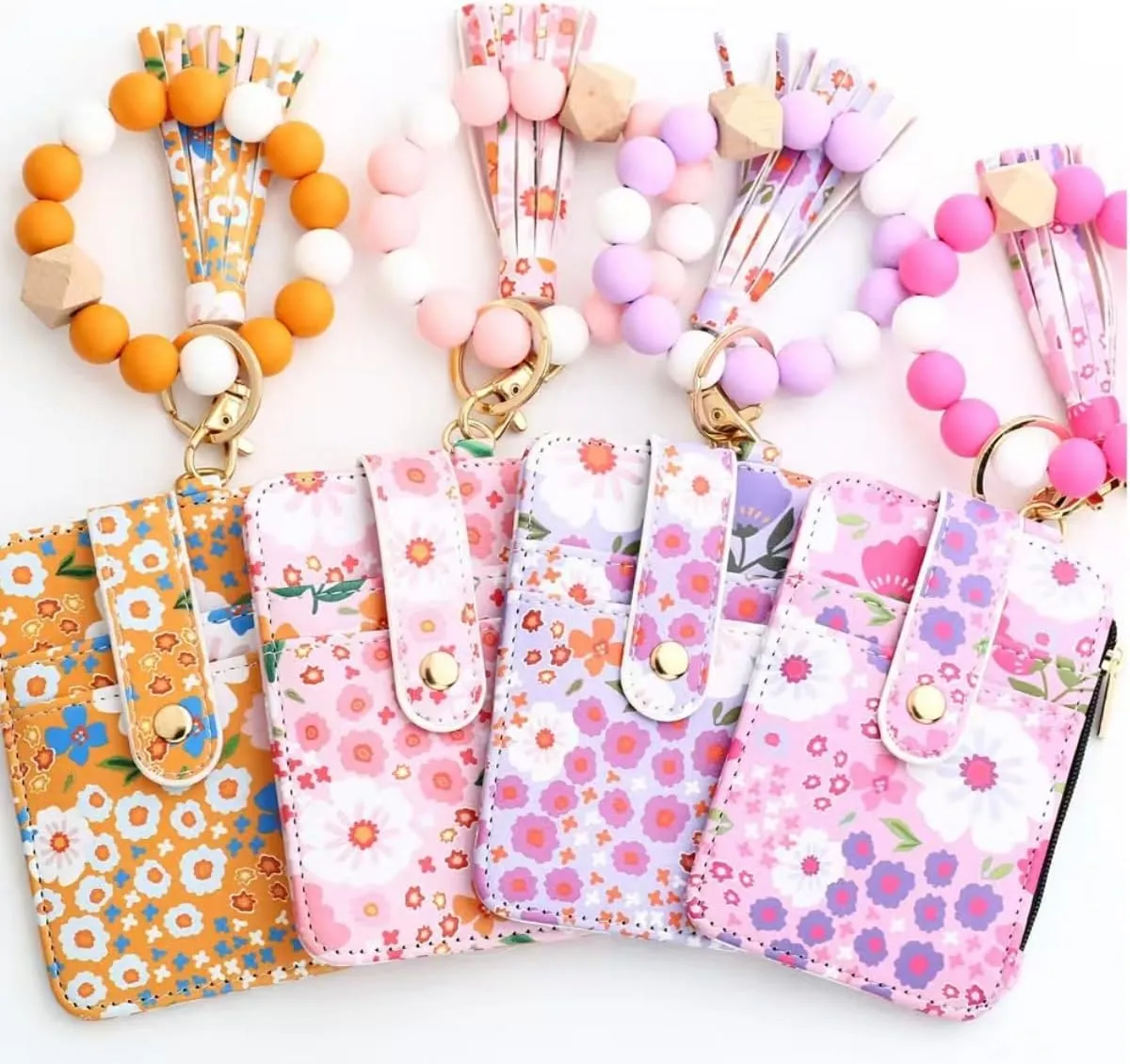 Women's Boho Style Beaded & Tassel Decorated Keychain with Flower Pattern Wallet, Small Credit Card Holder for Women