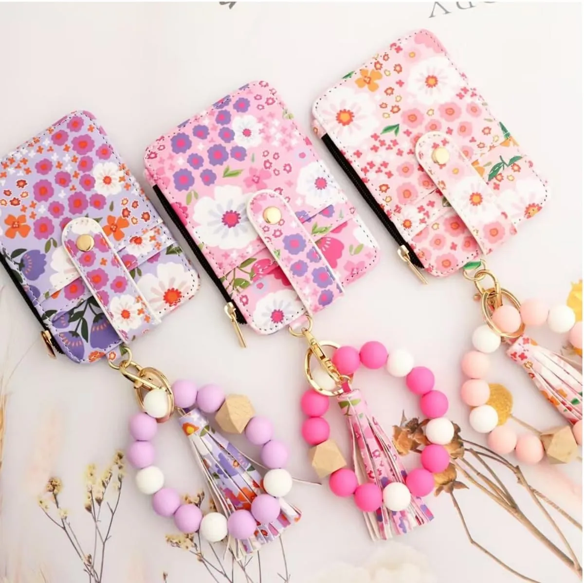 Women's Boho Style Beaded & Tassel Decorated Keychain with Flower Pattern Wallet, Small Credit Card Holder for Women