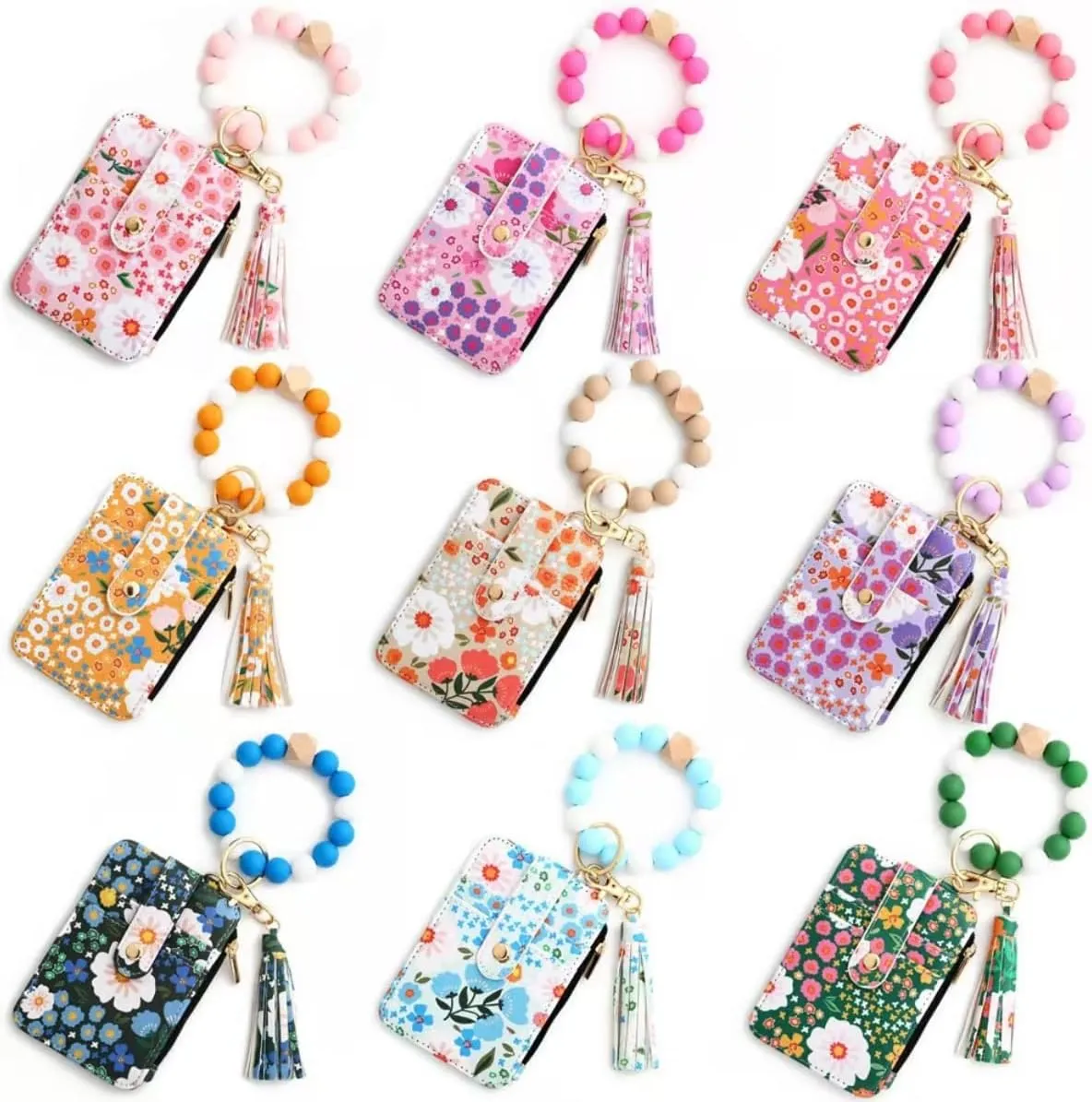 Women's Boho Style Beaded & Tassel Decorated Keychain with Flower Pattern Wallet, Small Credit Card Holder for Women