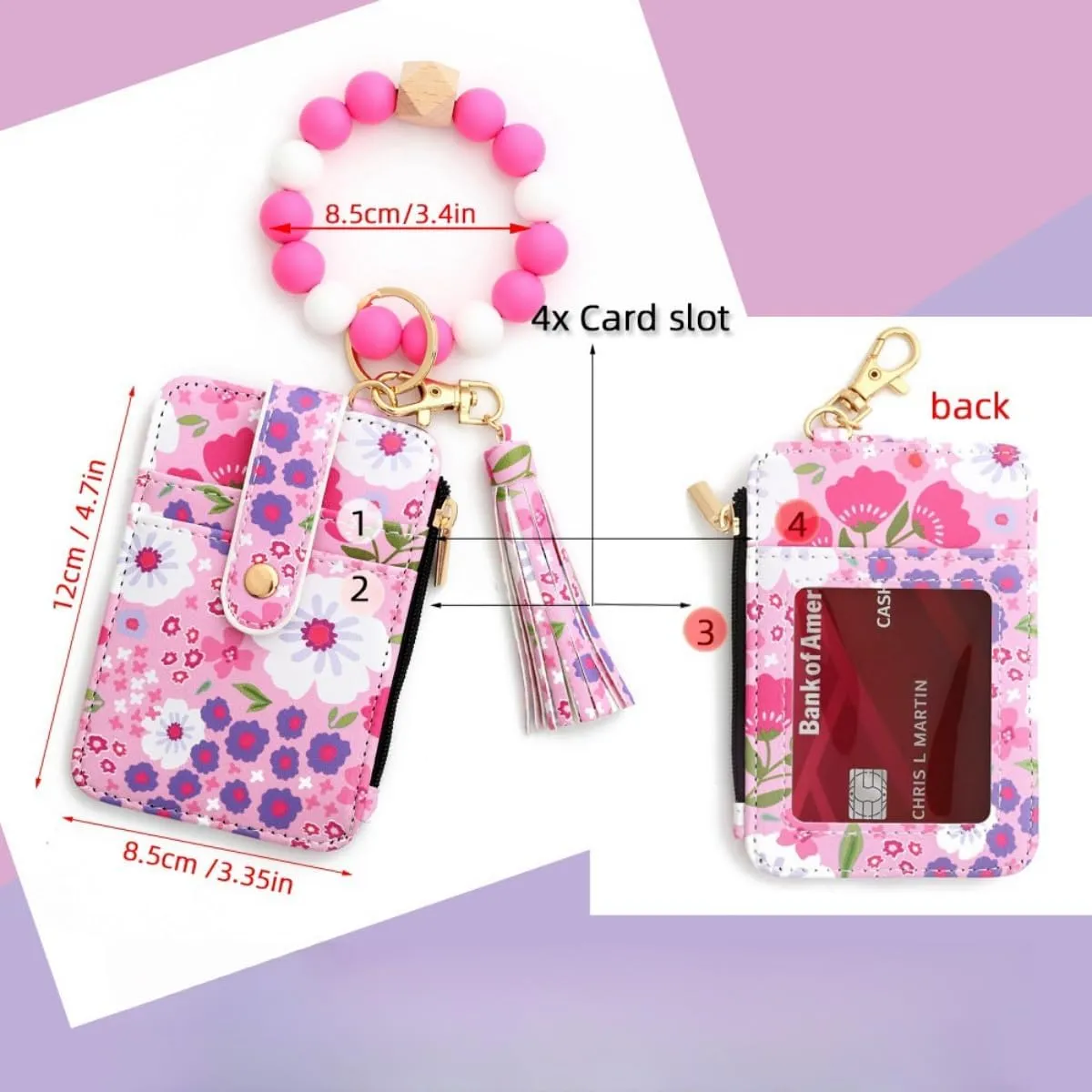 Women's Boho Style Wallet and Beaded Wristlet Keychain Wallet,Wristlet Bracelet Keychain Wallet, Boho Credit Card Holder with Flower Pattern (Deep pink)