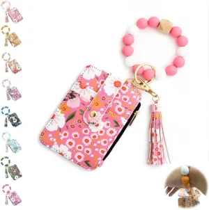 Women's Boho Style Wallet and Beaded Wristlet Keychain Wallet,Wristlet Bracelet Keychain Wallet, Boho Credit Card Holder with Flower Pattern (Deep pink)