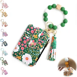 Women's Boho Style Wallet and Beaded Wristlet Keychain Wallet,Wristlet Bracelet Keychain Wallet, Boho Credit Card Holder with Flower Pattern (Green)