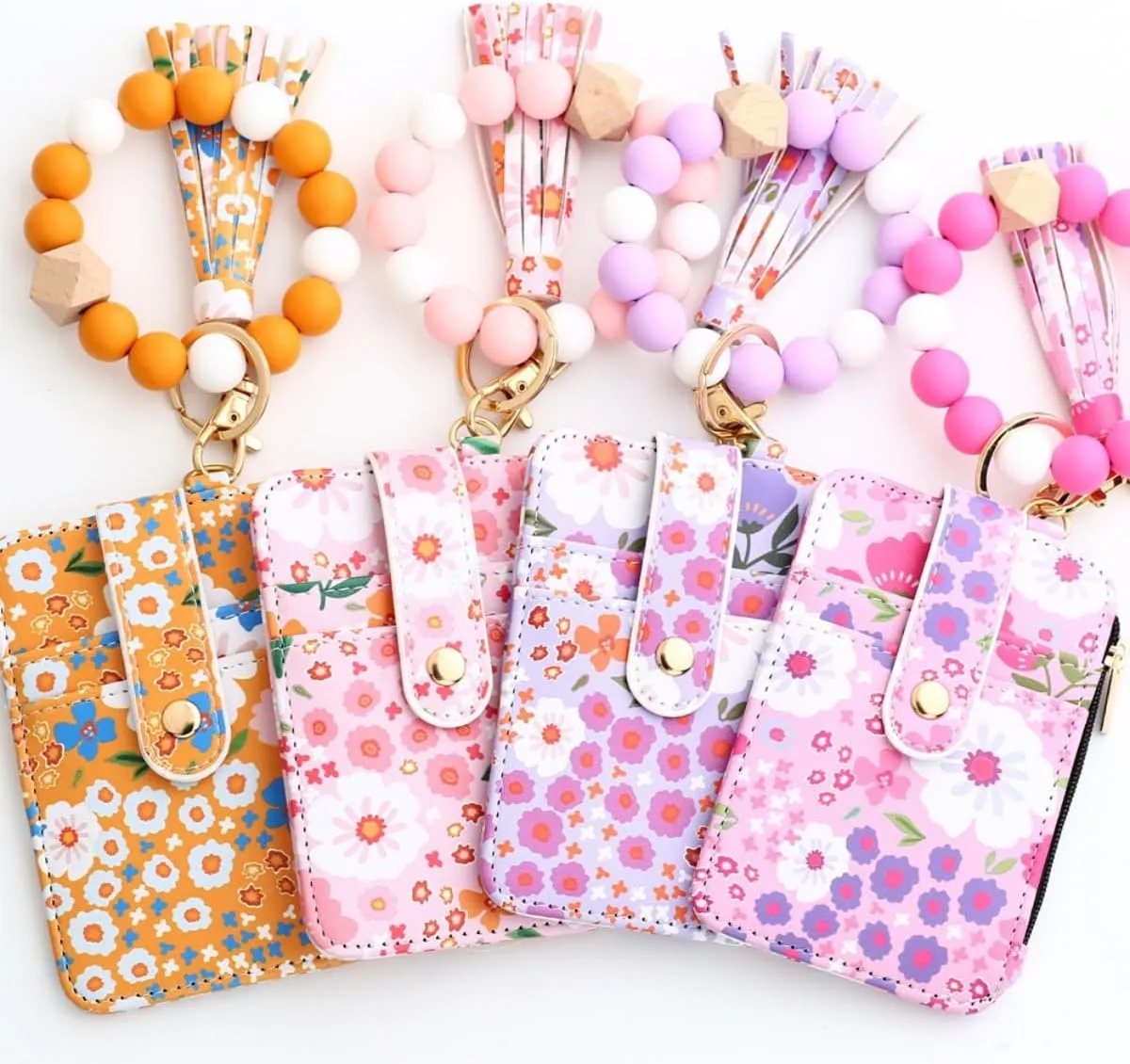 Women's Boho Style Wallet and Beaded Wristlet Keychain Wallet,Wristlet Bracelet Keychain Wallet, Boho Credit Card Holder with Flower Pattern (Green)