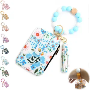 Women's Boho Style Wallet and Beaded Wristlet Keychain Wallet,Wristlet Bracelet Keychain Wallet, Boho Credit Card Holder with Flower Pattern (Light blue)