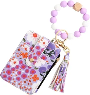 Women's Boho Style Wallet and Beaded Wristlet Keychain Wallet,Wristlet Bracelet Keychain Wallet, Boho Credit Card Holder with Flower Pattern (Light purple)