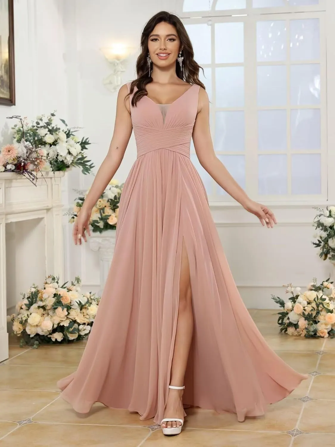 Women's Bridesmaid Dresses Deep V Neck Chiffon Wedding Guest Evening Party Dress