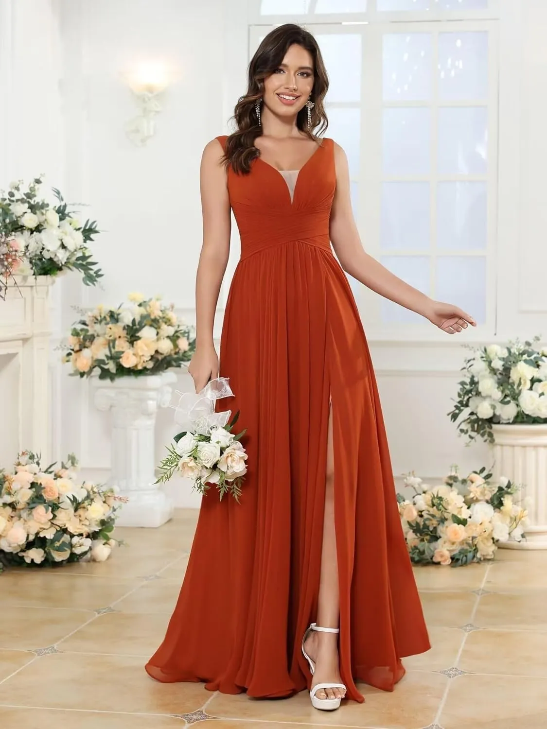 Women's Bridesmaid Dresses Deep V Neck Chiffon Wedding Guest Evening Party Dress