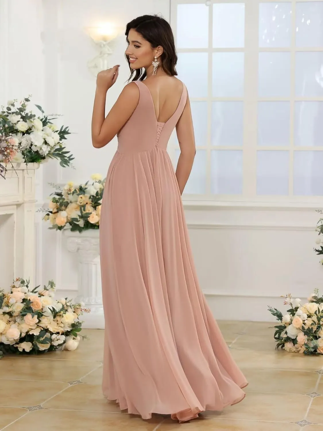 Women's Bridesmaid Dresses Deep V Neck Chiffon Wedding Guest Evening Party Dress