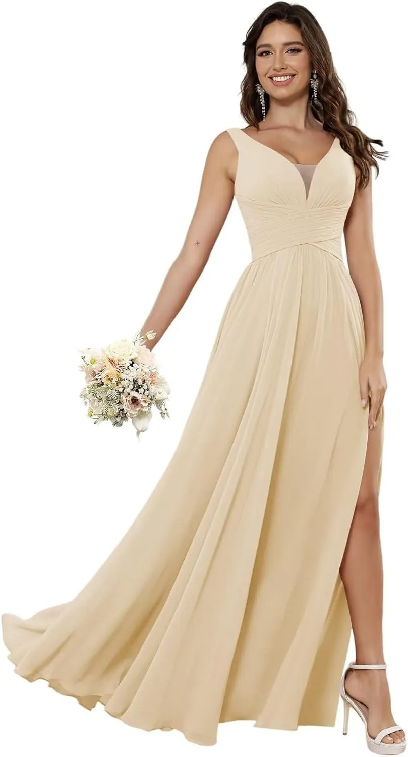 Women's Bridesmaid Dresses Deep V Neck Chiffon Wedding Guest Evening Party Dress