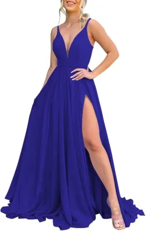 Women's Bridesmaid Dresses Long 2024 A Line Chiffon Formal Dresses Slit Wedding Party Gowns with Pockets LA08