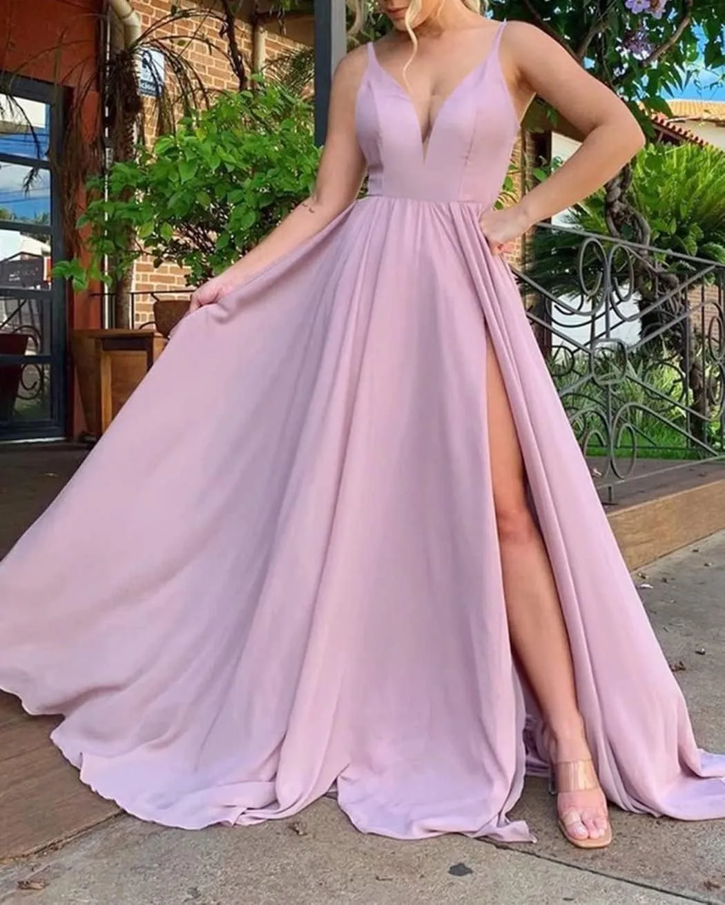 Women's Bridesmaid Dresses Long 2024 A Line Chiffon Formal Dresses Slit Wedding Party Gowns with Pockets LA08