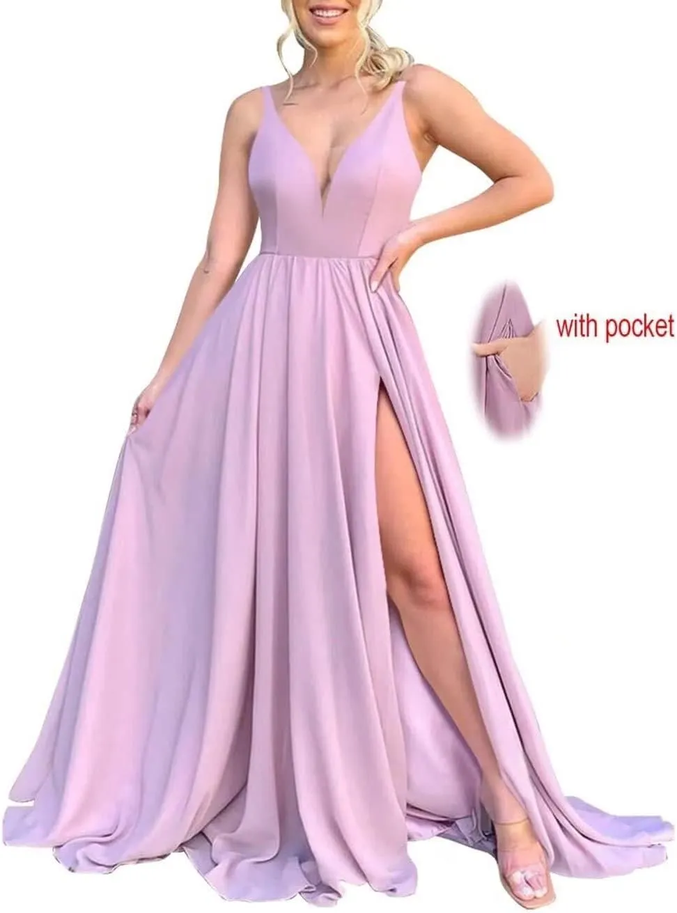 Women's Bridesmaid Dresses Long 2024 A Line Chiffon Formal Dresses Slit Wedding Party Gowns with Pockets LA08