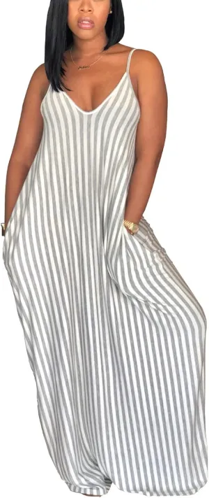 Women's Casual Stripe Long Maxi Dresses with Pockets Spaghetti Strap Sleeveless Loose Beach Sundress