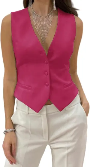 Womens Casual Suit Vest Fully Lined 4 Button V-Neck Dress Vests Waistcoat