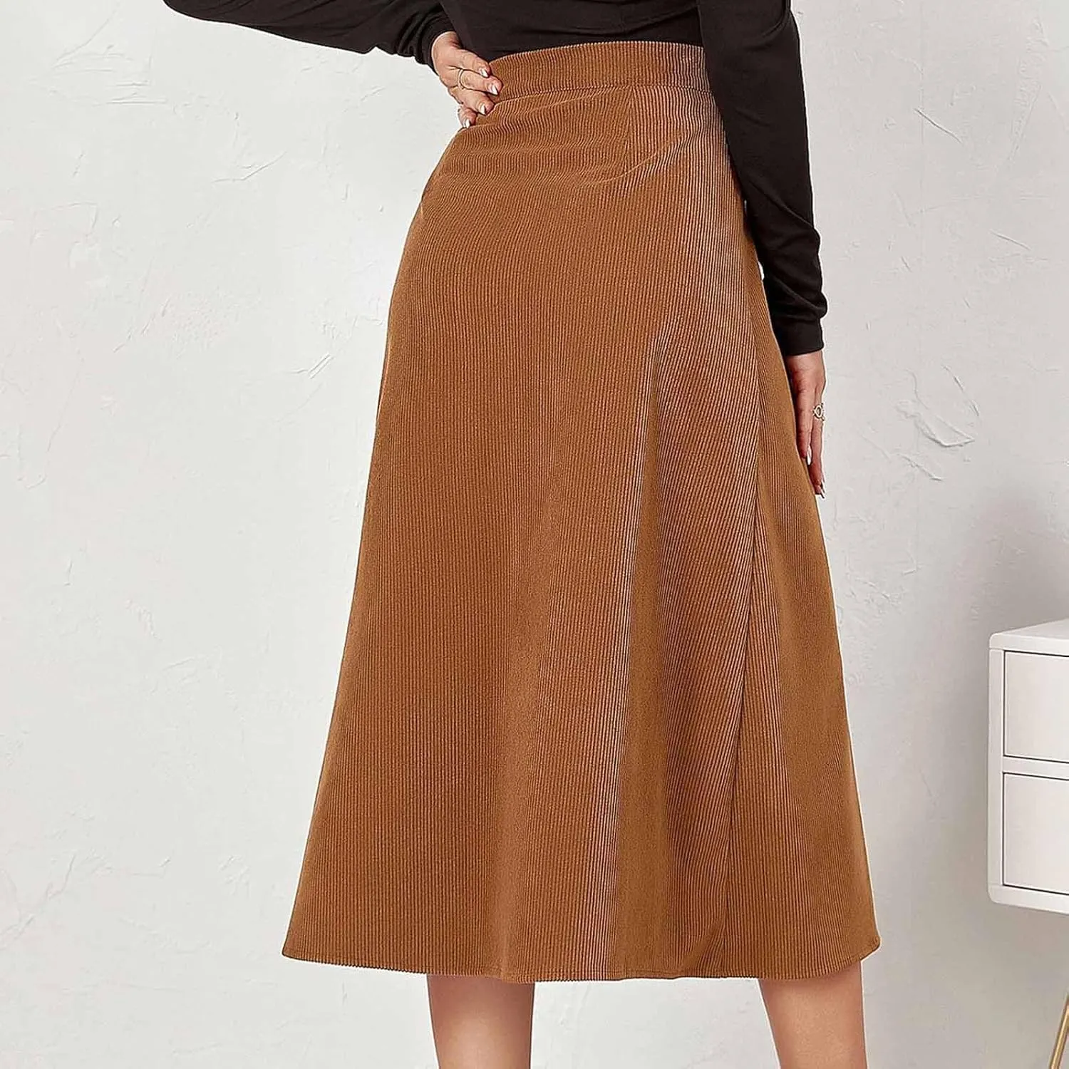 Women's Corduroy High Waisted Button Maxi Skirts A Line Slim Solid Single Breasted Midi Skirts for Fall Winter Spring