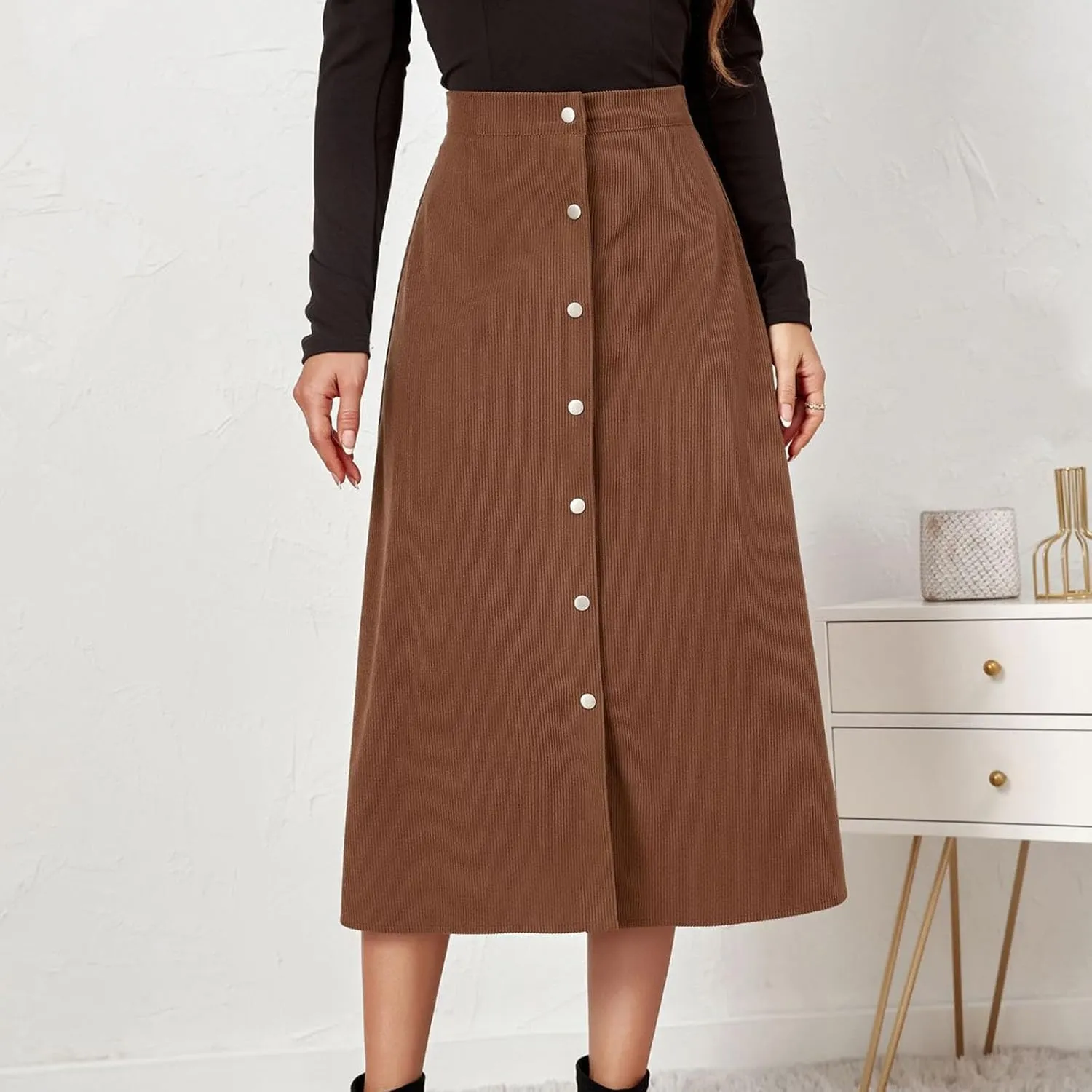 Women's Corduroy High Waisted Button Maxi Skirts A Line Slim Solid Single Breasted Midi Skirts for Fall Winter Spring