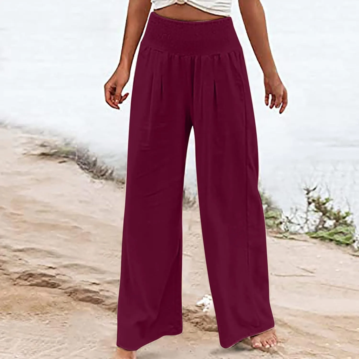 Womens Cotton Linen Summer Casual Loose Pants Elastic Waisted Long Lounge Slim Fit Palazzo Pants Trendy
