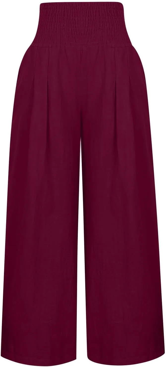Womens Cotton Linen Summer Casual Loose Pants Elastic Waisted Long Lounge Slim Fit Palazzo Pants Trendy