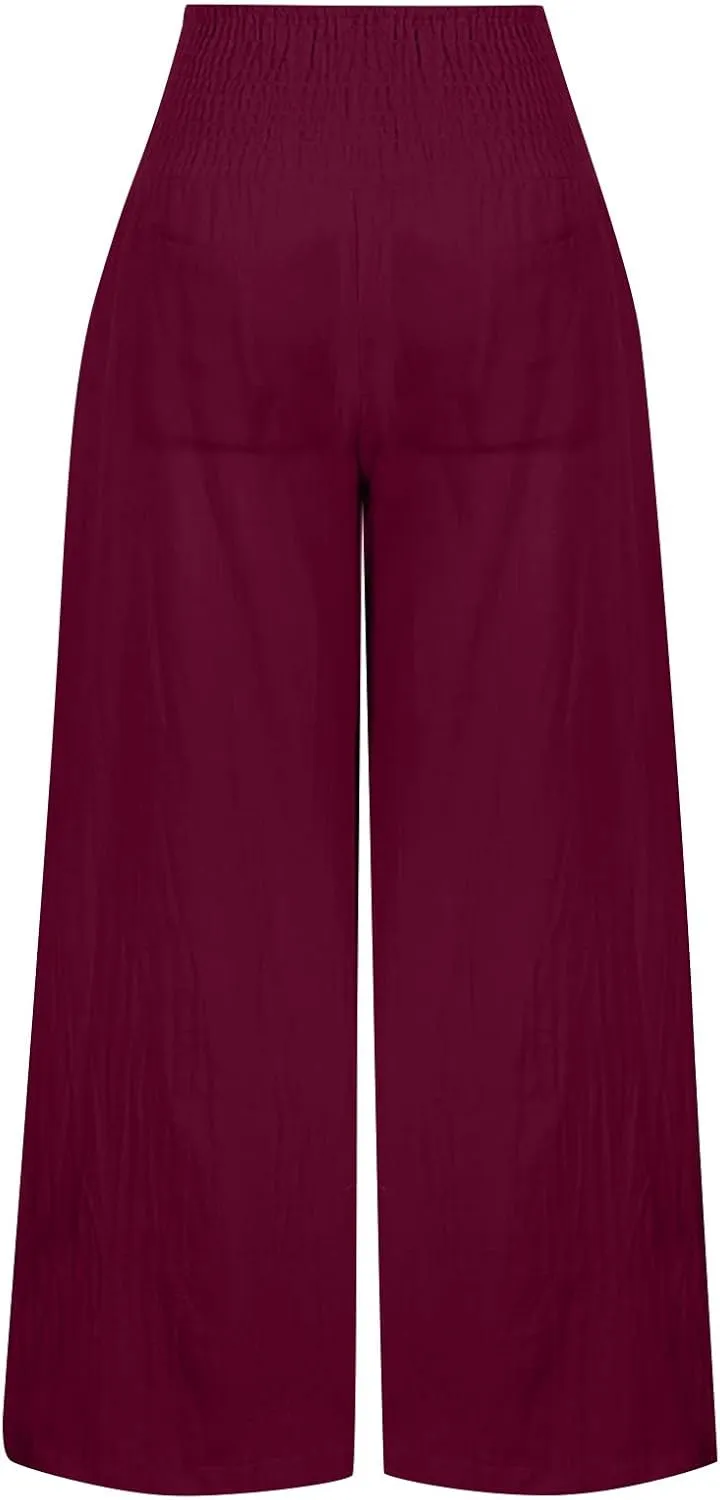 Womens Cotton Linen Summer Casual Loose Pants Elastic Waisted Long Lounge Slim Fit Palazzo Pants Trendy