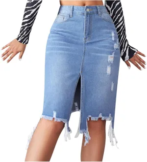 Womens Denim Pencil Skirts Midi Long Split Frayed Raw Hem High Waist A line Midi Jean Skirt for Ladies Streetwear