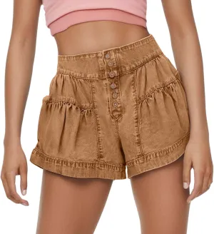 Womens Denim Shorts Baggy High Waisted Flowy Wide Leg Buttons Pleated Casual Summer Jean Shorts Trendy Ruffle Skorts