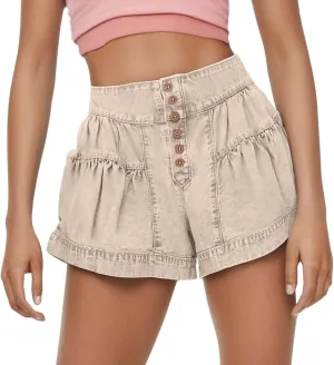 Women's Denim Shorts Summer Baggy High Waisted Flowy Wide Leg Buttons Pleated Jean Shorts Summer 2025 Casual Skorts