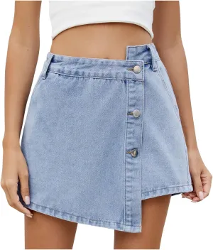 Womens Denim Skorts High Waisted Stretchy Asymmetry Jean Shorts 2025 Summer Fashion Dressy Casual Skirts with Pockets