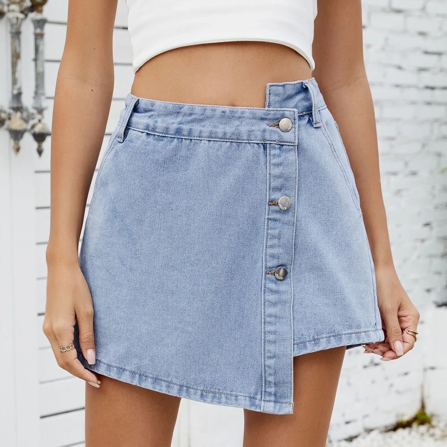 Womens Denim Skorts High Waisted Stretchy Asymmetry Jean Shorts 2025 Summer Fashion Dressy Casual Skirts with Pockets