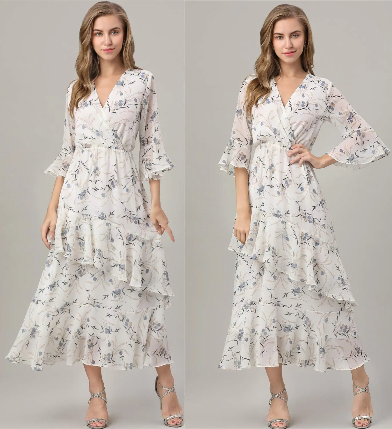Womens Dresses Yellow Floral Maxi Dress V Neck High Waist Chiffon Beach Summer Party Casual Long Dresses