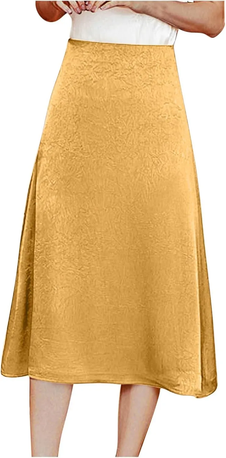 Women's Elegant Satin Skirts High Waisted Silk A Line Flared Dressy Casual Business Work Office Fishtail Midi Skirt