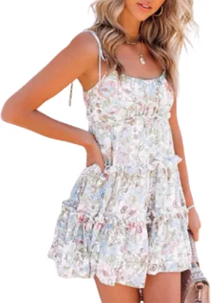 Women's Floral Chiffon Mini Dress - Spaghetti Strap Y2K A-Line Dress for Beach, Parties & Date Nights