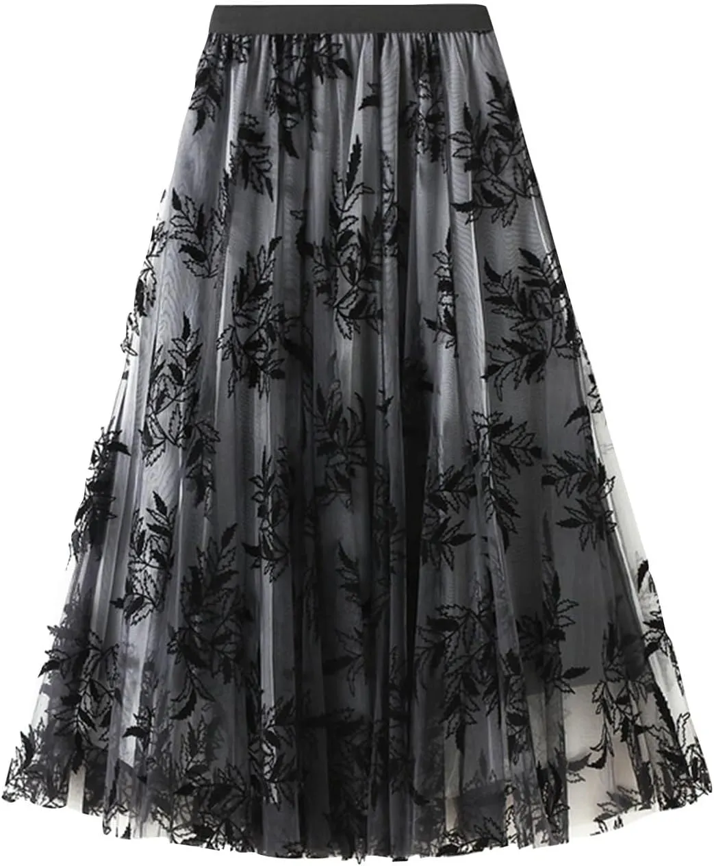 Womens Floral Embroidery Midi Skirts Dressy Elastic High Waisted A Line Cute Layered Fairy Mesh Tulle Pleated Skirt