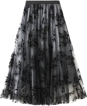 Womens Floral Embroidery Midi Skirts Dressy Elastic High Waisted A Line Cute Layered Fairy Mesh Tulle Pleated Skirt