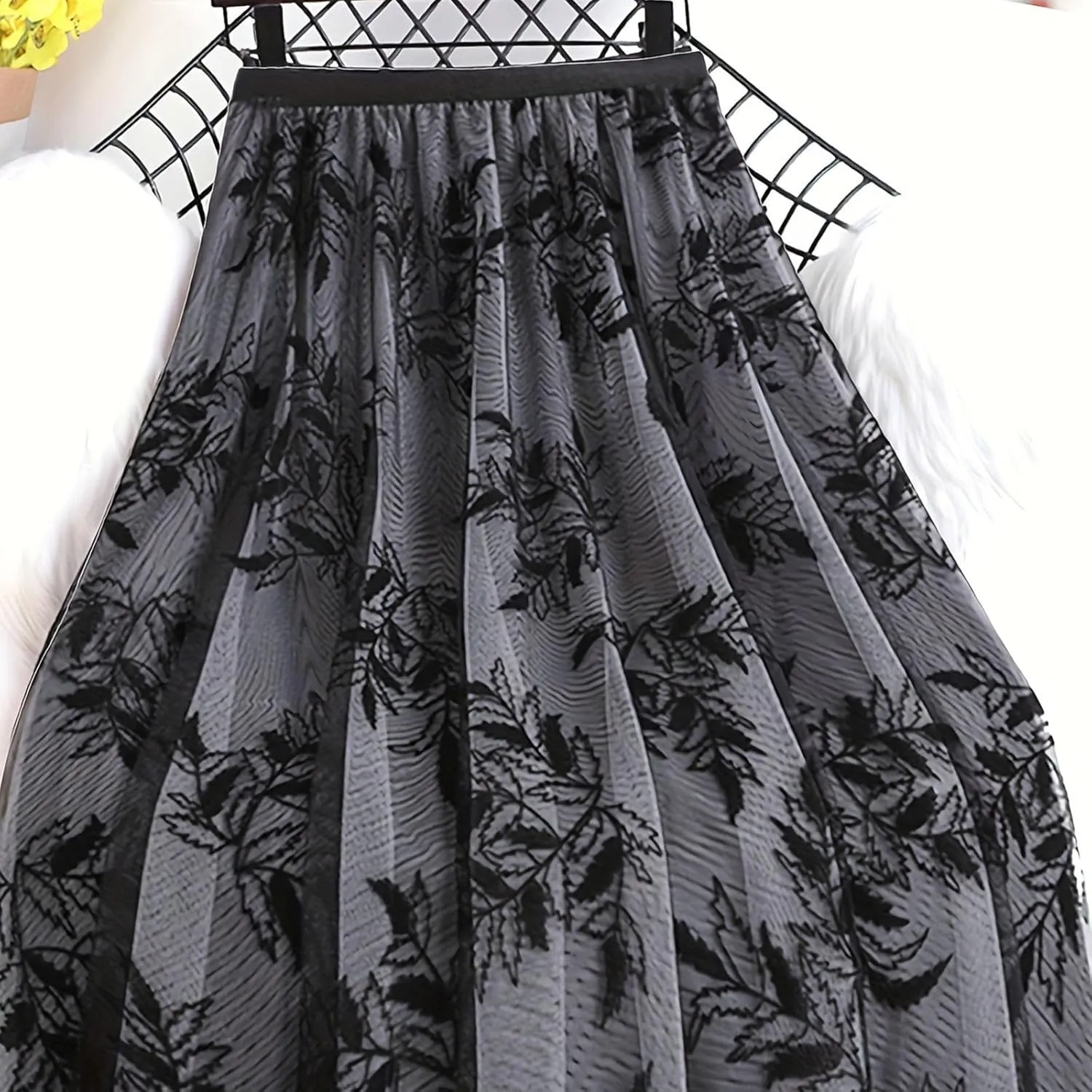 Womens Floral Embroidery Midi Skirts Dressy Elastic High Waisted A Line Cute Layered Fairy Mesh Tulle Pleated Skirt