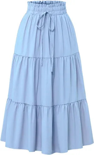 Womens Floral Maxi Skirt Summer Comfy Tiered Elastic High Waisted Long Skirts Vacation A Line Flowy Swing Skirt