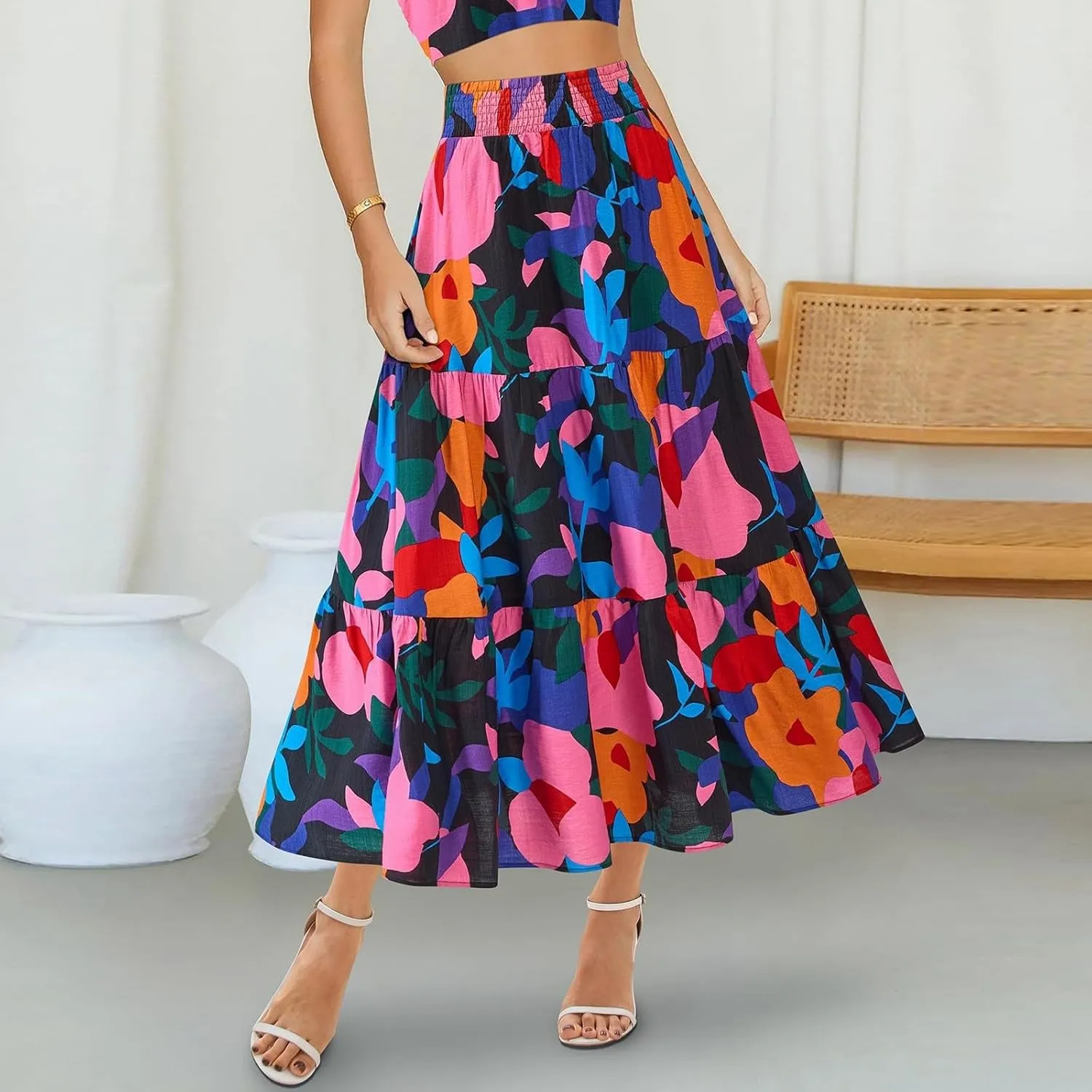 Women's Floral Print Midi Maxi Skirts- 2025 Summer Casual Aline Elastic High Waist Pleated Flowy Long Skirt Pockets