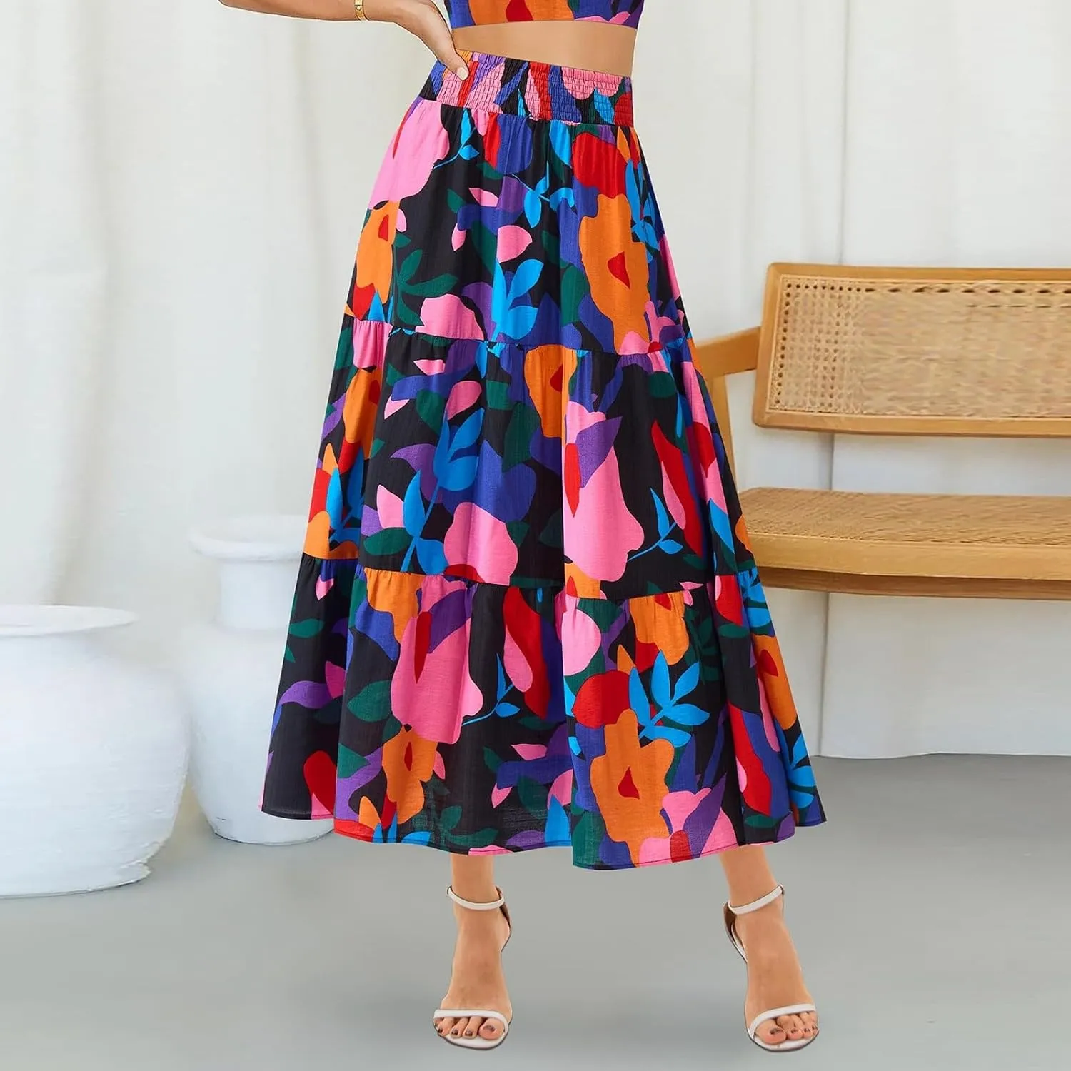 Women's Floral Print Midi Maxi Skirts- 2025 Summer Casual Aline Elastic High Waist Pleated Flowy Long Skirt Pockets