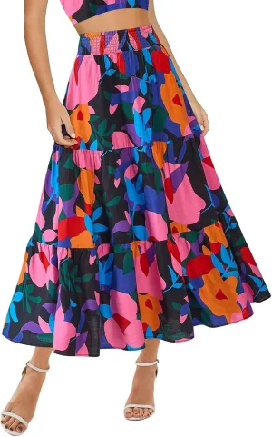 Women's Floral Print Midi Maxi Skirts- 2025 Summer Casual Aline Elastic High Waist Pleated Flowy Long Skirt Pockets