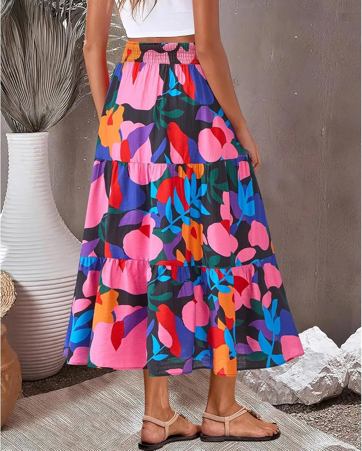 Women's Floral Print Midi Maxi Skirts- 2025 Summer Casual Aline Elastic High Waist Pleated Flowy Long Skirt Pockets