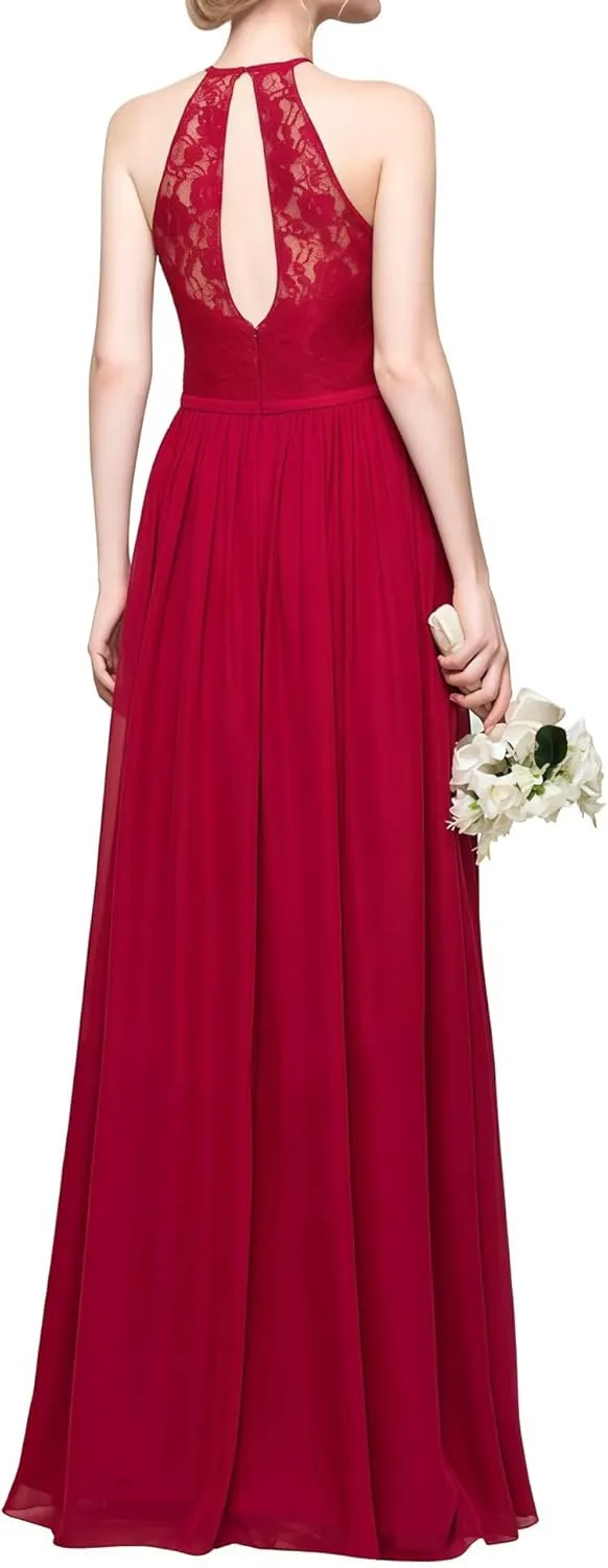 Women's Formal Bridesmaid Dresses High Collar Long Evening Dress A-Line Chiffon Lace Party Gowns