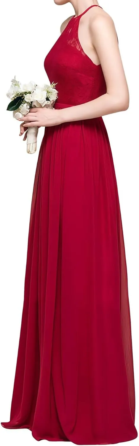 Women's Formal Bridesmaid Dresses High Collar Long Evening Dress A-Line Chiffon Lace Party Gowns