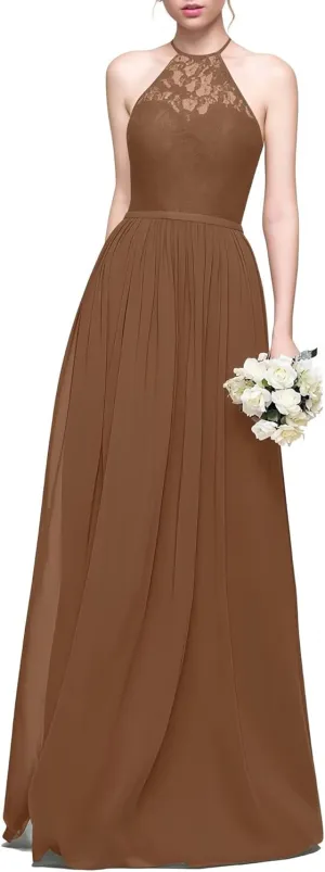 Women's Formal Bridesmaid Dresses High Collar Long Evening Dress A-Line Chiffon Lace Party Gowns