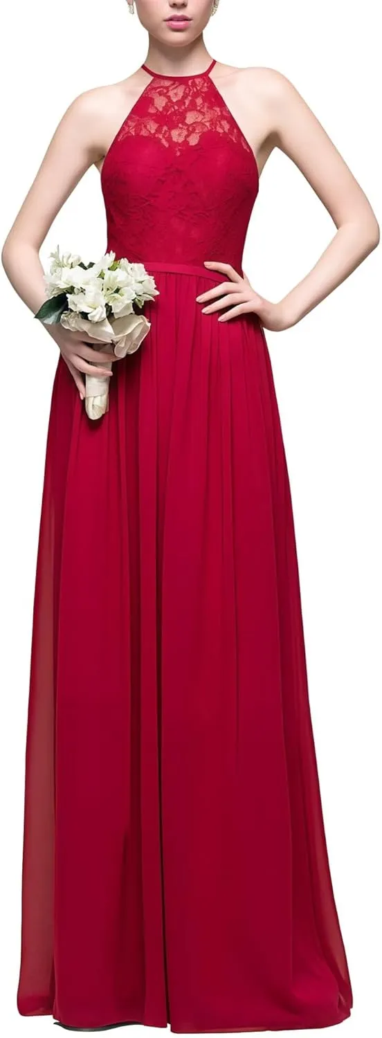 Women's Formal Bridesmaid Dresses High Collar Long Evening Dress A-Line Chiffon Lace Party Gowns