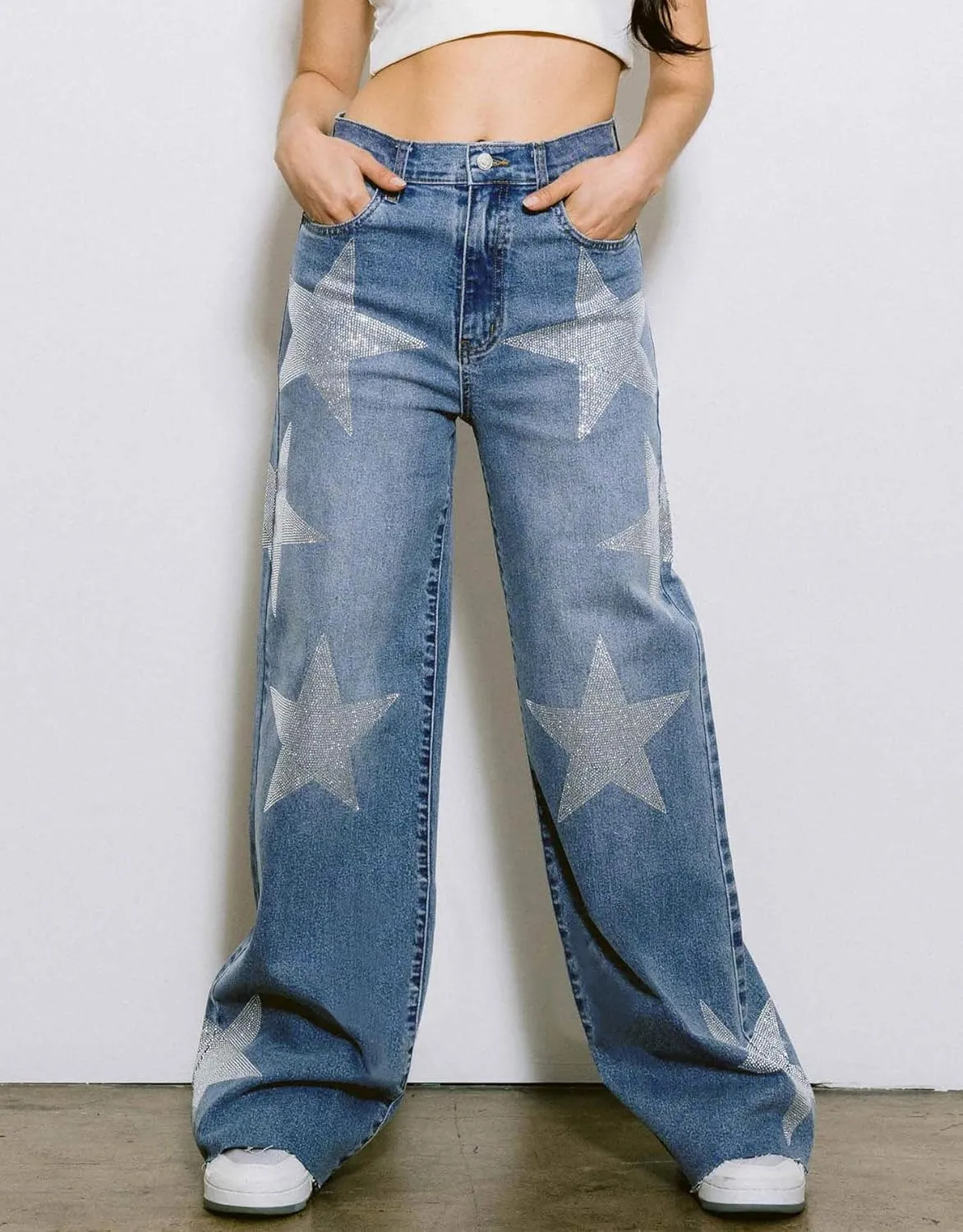 Women's High Waist Rhinestone Denim Pants Star Baggy Straight Wide Leg Jeans Y2k E-Girl Jeans Streetwear