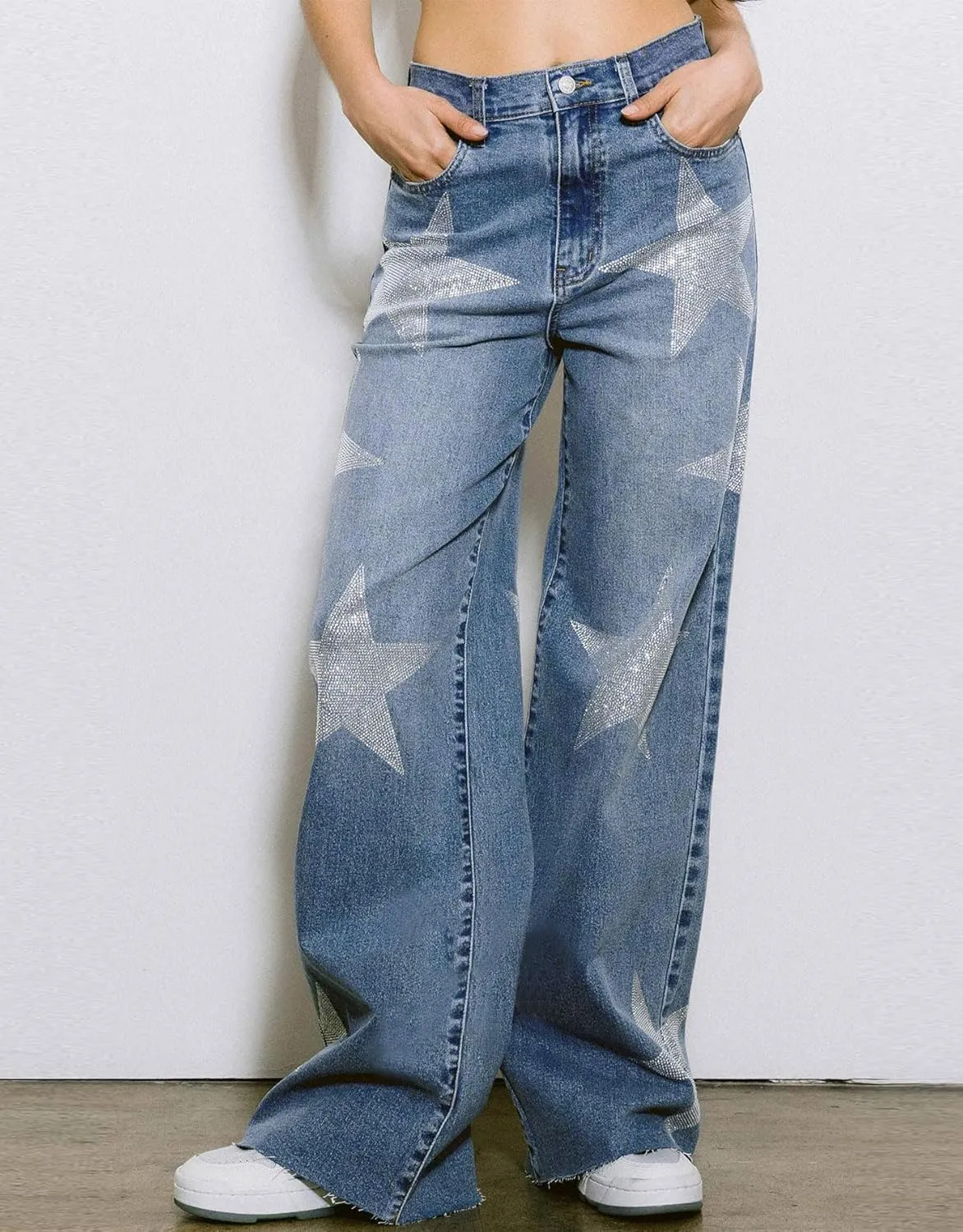 Women's High Waist Rhinestone Denim Pants Star Baggy Straight Wide Leg Jeans Y2k E-Girl Jeans Streetwear