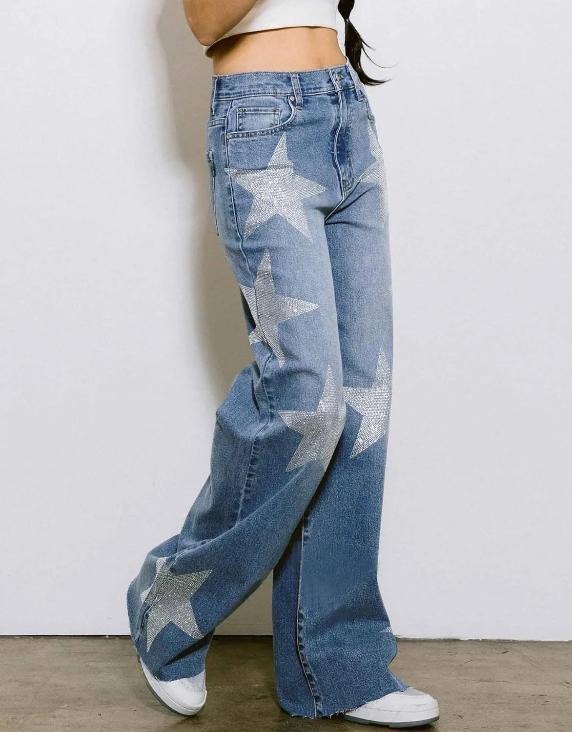 Women's High Waist Rhinestone Denim Pants Star Baggy Straight Wide Leg Jeans Y2k E-Girl Jeans Streetwear